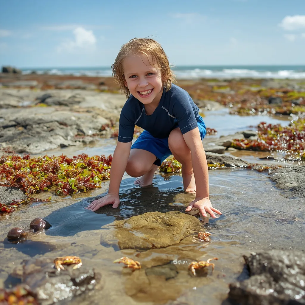 A Boy's Joyful Exploration of a Rocky Tide Pool – young boy's ai prompts – AI generated example