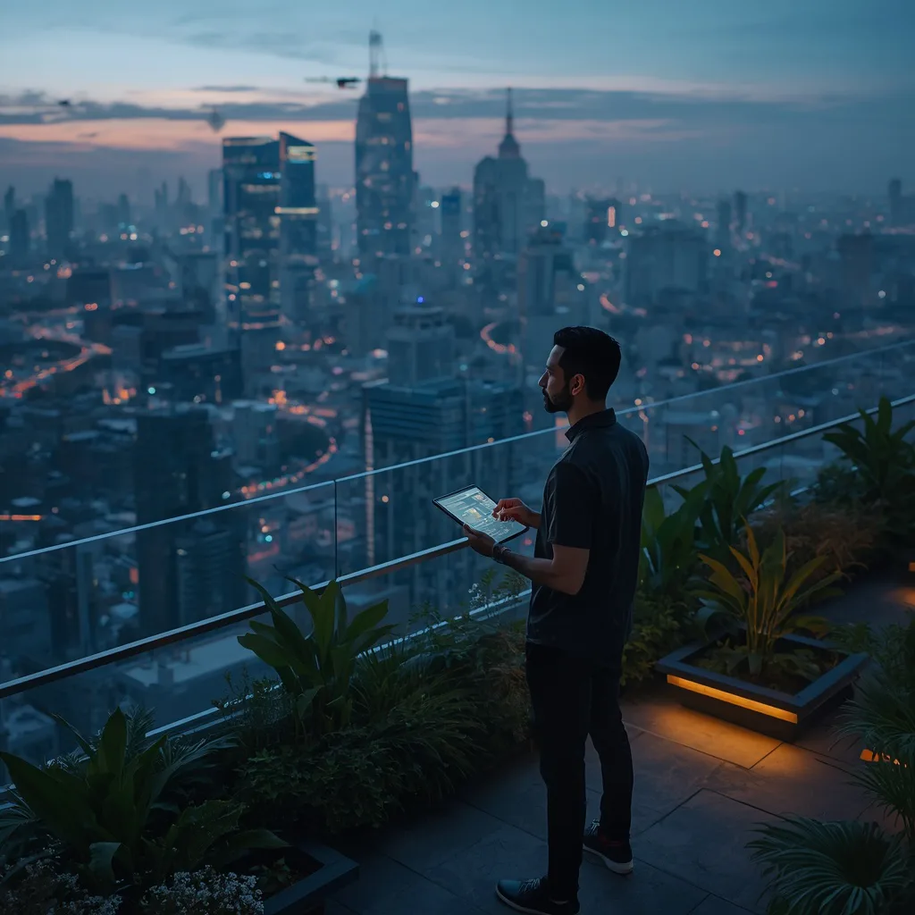 A Man Contemplating the Future in a Futuristic City Rooftop Garden