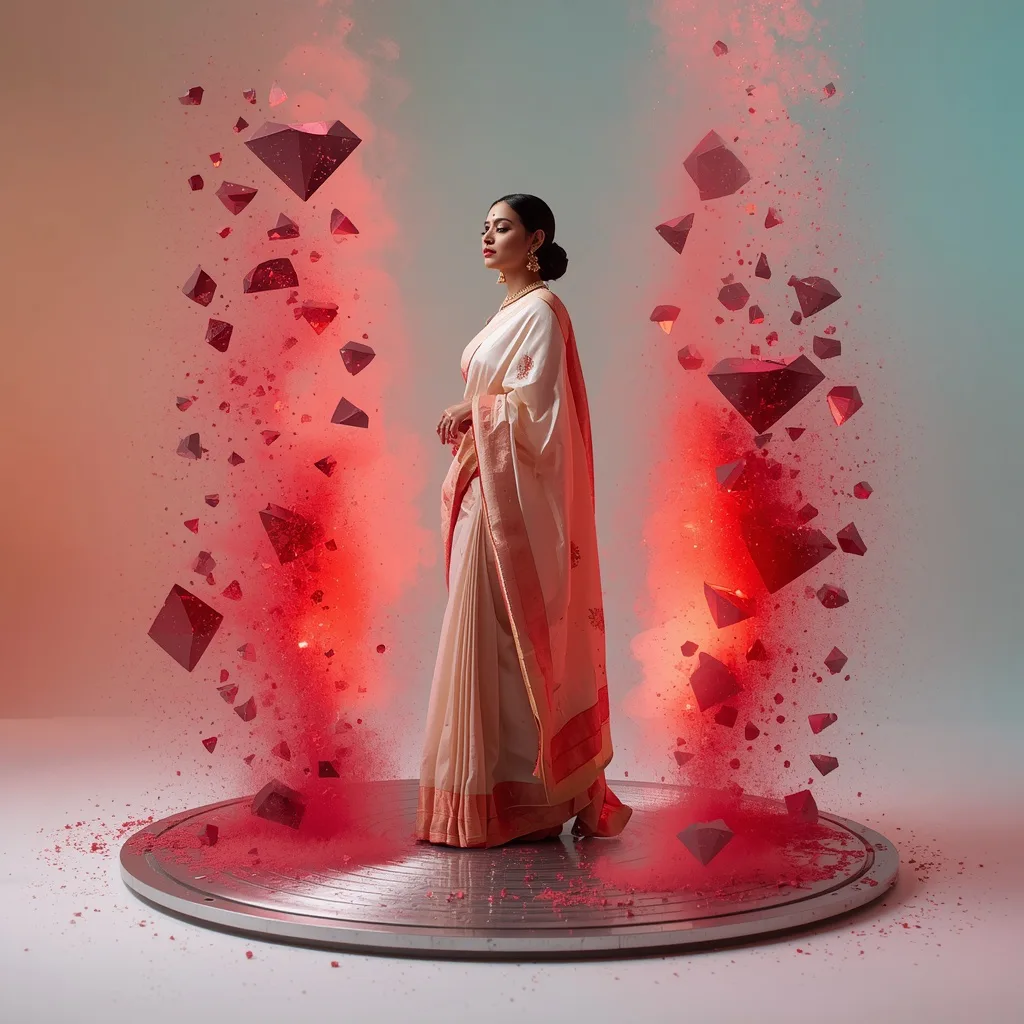 A Premium Cinematic Collage with Soundwave Levitation and Ruby Dust Sculptures