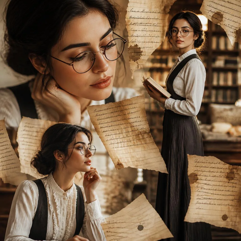 A Timeless Collage of a Female Writer with Floating Parchment Pages