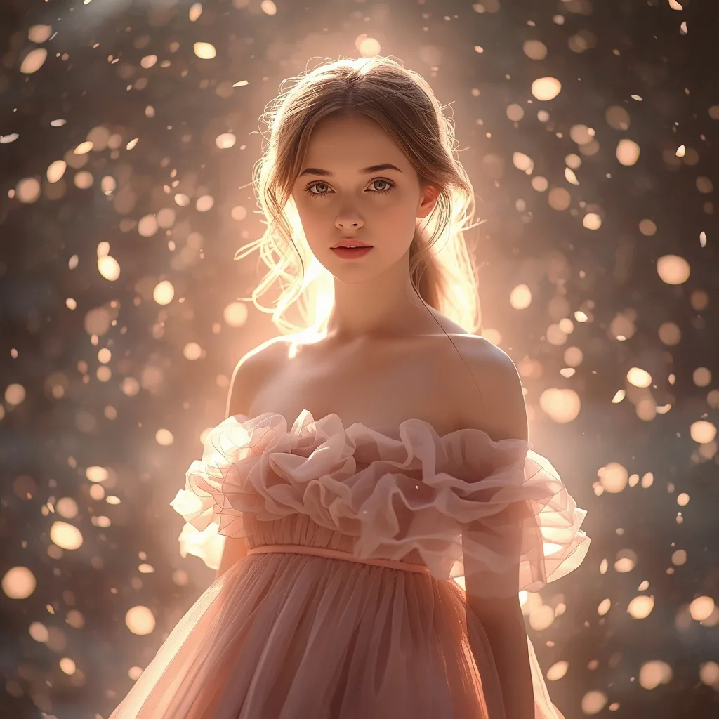 Beautiful Girl: Single Shot with Radiant Light Aura and Petals