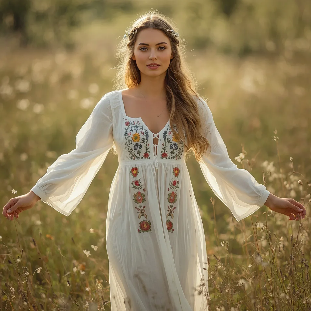 Bohemian Goddess: A Woman in an Embroidered Folk-Inspired Maxi Dress – soft grunge aesthetic – AI generated example