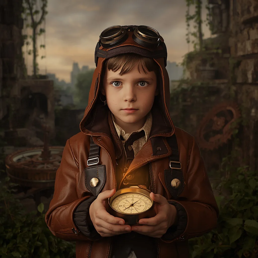 Boy Explorer in Steampunk Gear with Glowing Compass