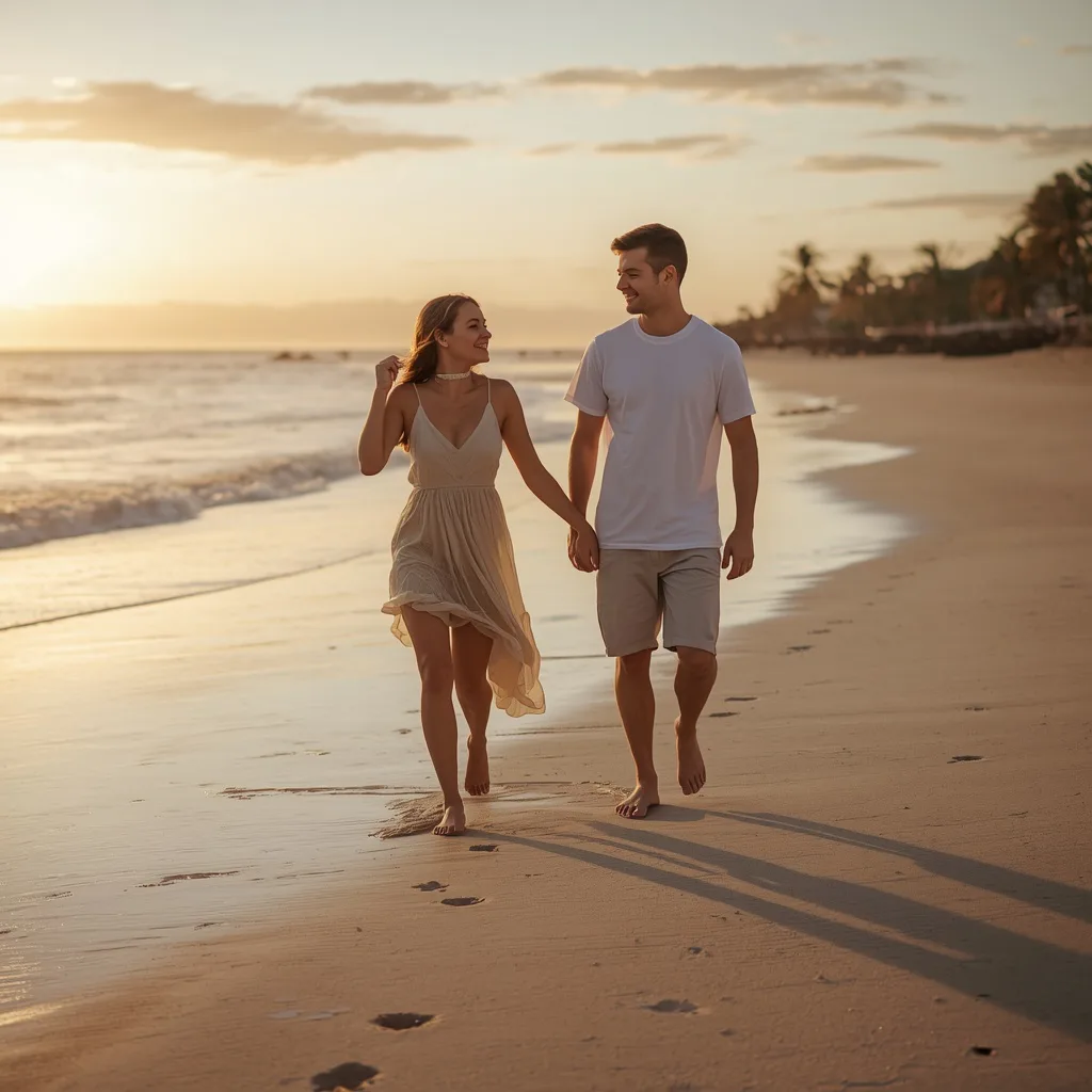 Couple's Playful Beach Stroll: Hand-in-Hand at Golden Hour Sunset