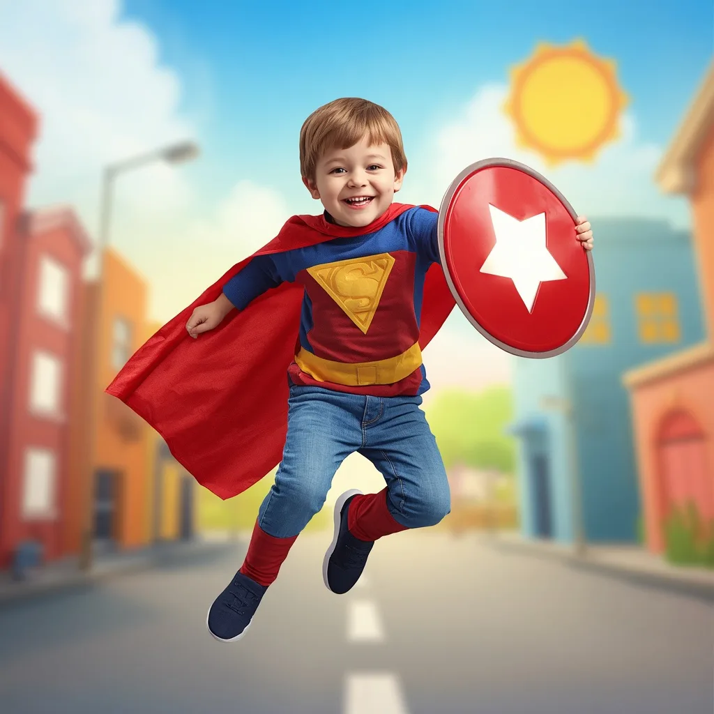 Cute Boy in Whimsical Superhero Costume with Glowing Shield