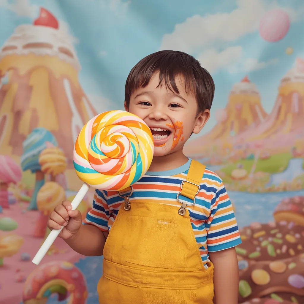 Cute Boy with Giant Whimsical Lollipop in Candy Land