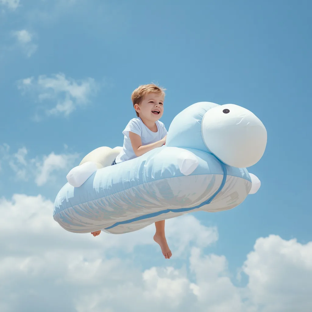 Cute Boy with Whimsical Cloud Float in Clear Sky
