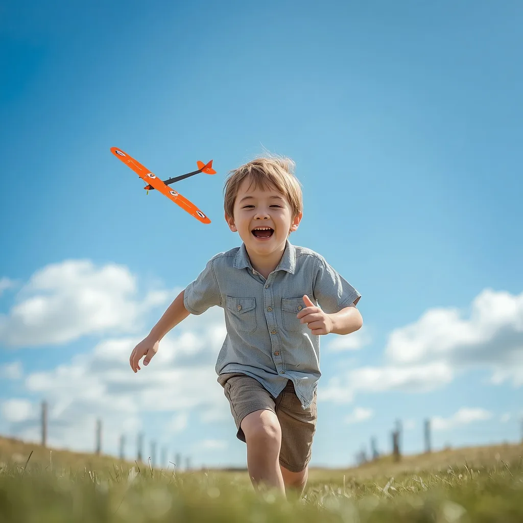 Cute Boy with Whimsical Toy Glider in Blue Sky