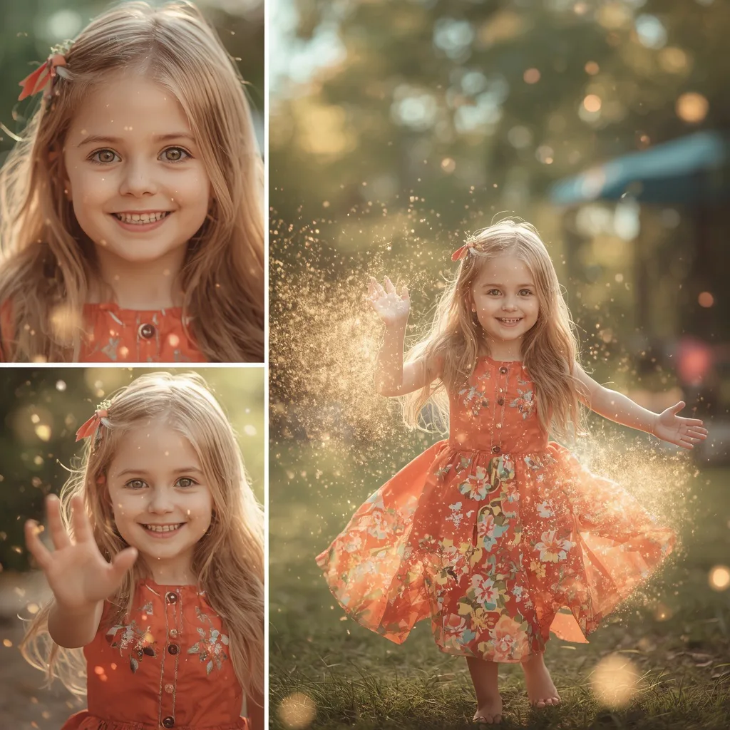 Cute Girl: Collage with Floating Light Particles