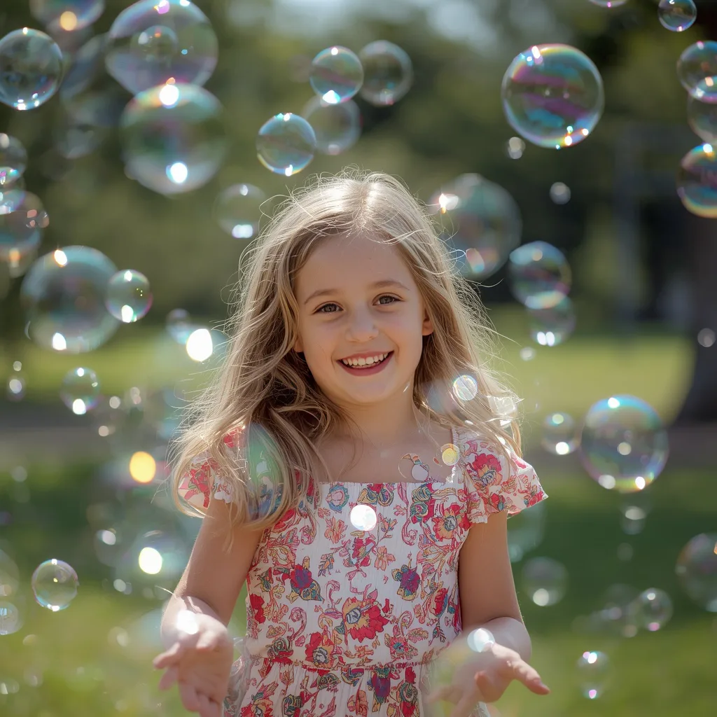 Cute Girl: Solo Shot with Floating Bubbles and Rainbow Reflections