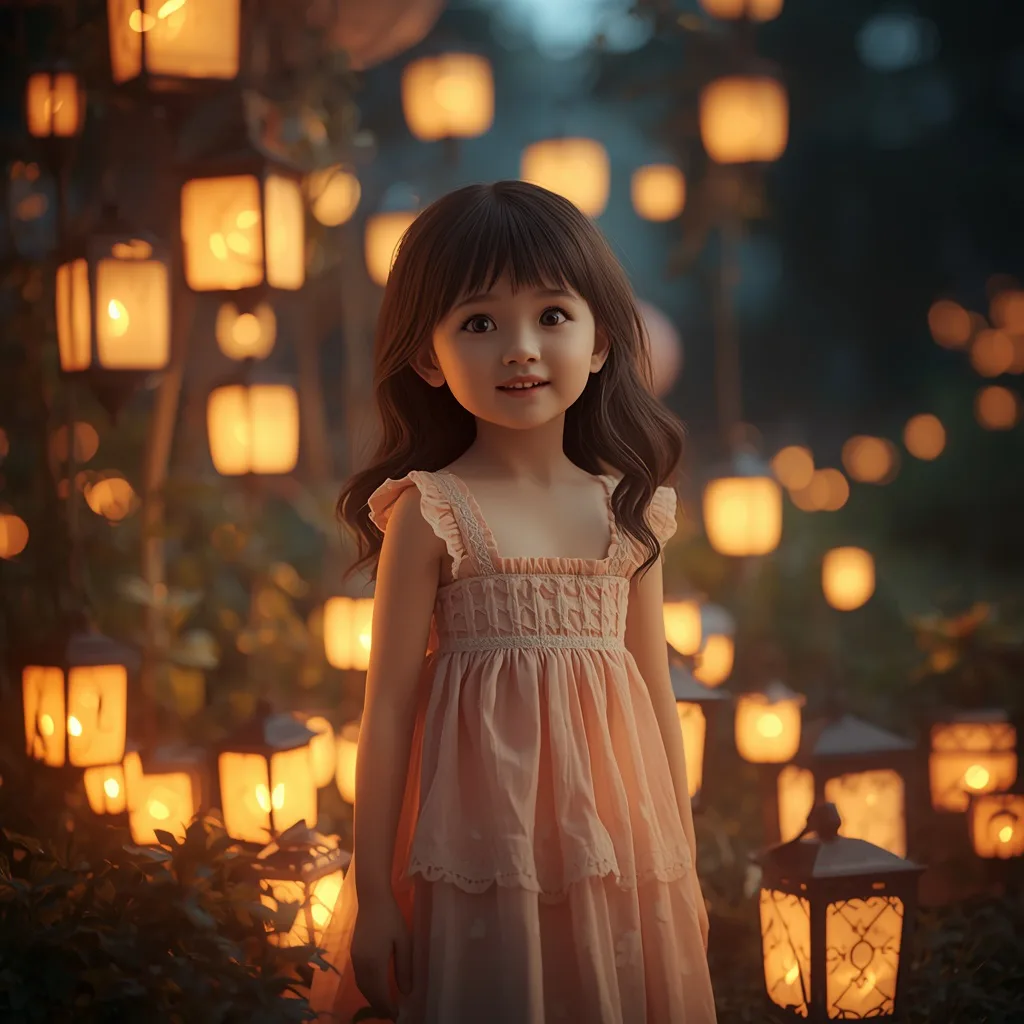 Cute Girl: Solo Shot with Magical Glowing Lanterns