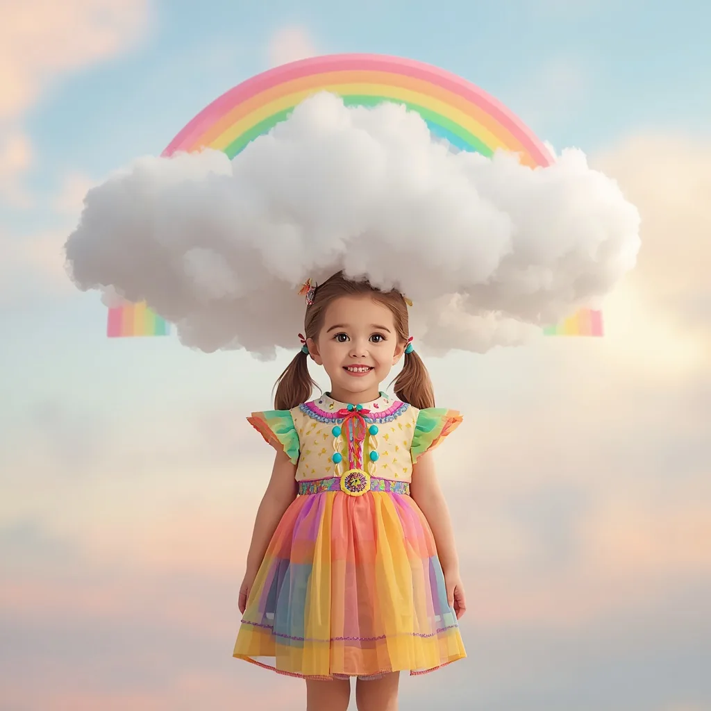 Cute Girl: Solo Shot with Whimsical Cloud and Rainbow Arch