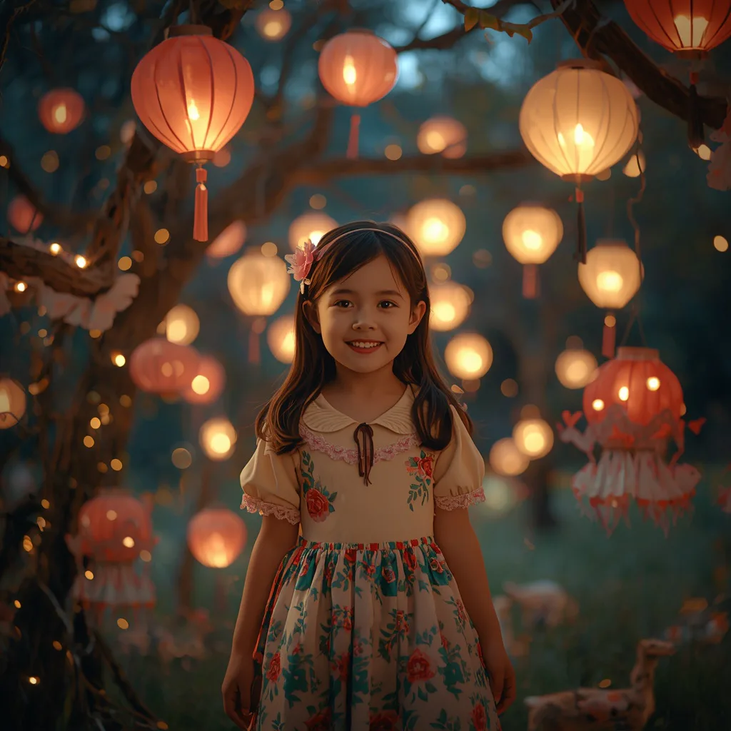 Cute Girl: Solo Shot with Whimsical Glowing Lantern Forest
