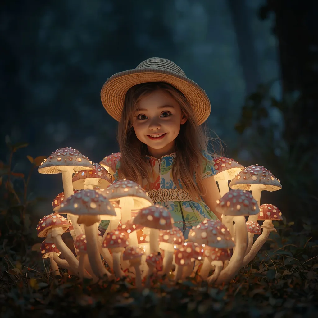 Cute Girl: Solo Shot with Whimsical Glowing Mushrooms