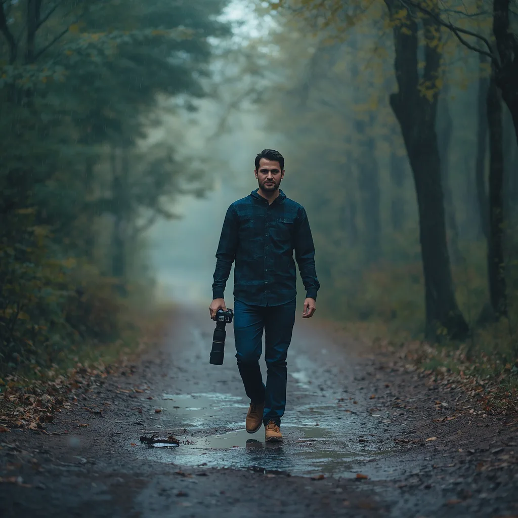 Double Exposure of a Man Walking in a Woodland with Camera – cool boy's ai prompts – AI generated example