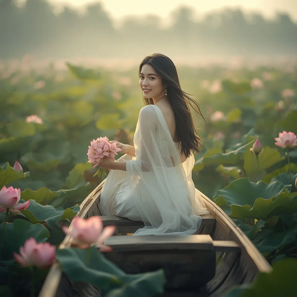 Dreamy Ethereal Woman in a Boat on a Lotus Pond – retro style saree prompts – AI generated example
