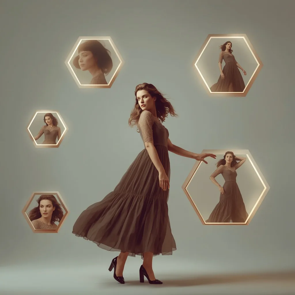 Dynamic Continuum: Western Woman Surrounded by Orbiting Geometric Shapes