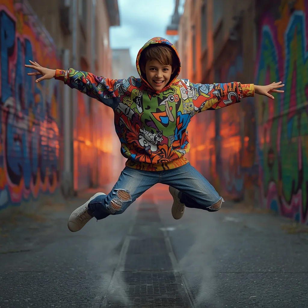 Dynamic Young Boy in Graffiti Art Urban Fashion