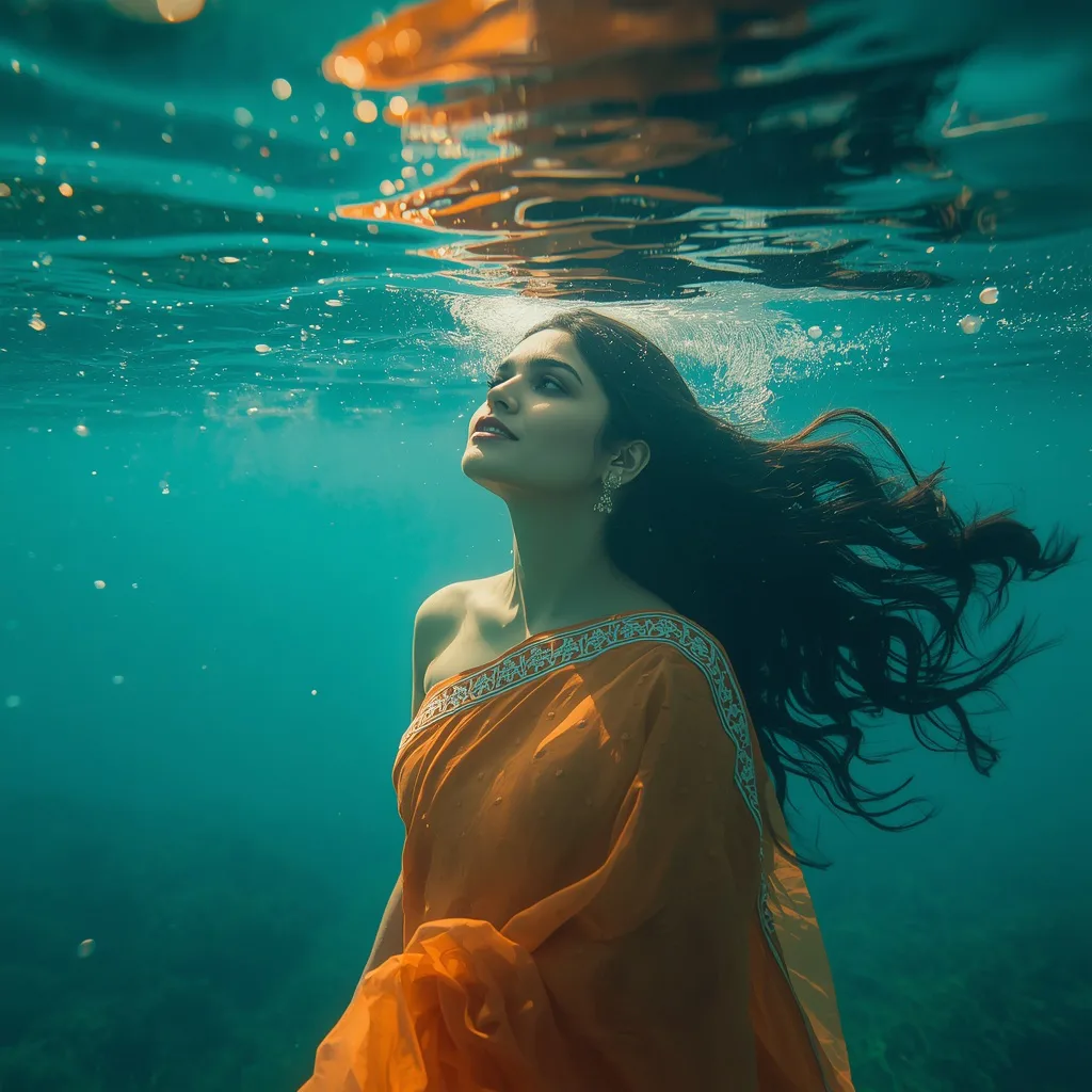Elegant Woman Submerged in Turquoise Water with an Orange Saree – retro style saree prompts – AI generated example