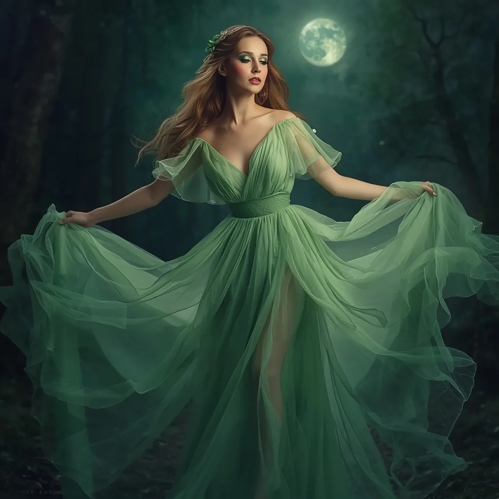 Enchanting Forest Nymph: A Woman in a Flowy Green Chiffon Gown – soft grunge aesthetic – AI generated example
