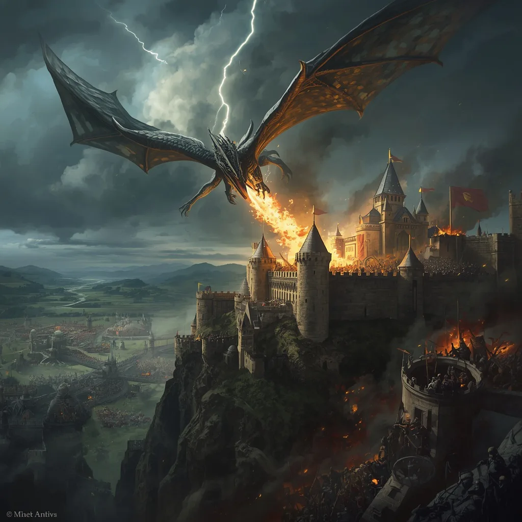 Epic Fantasy Scene of a Dragon Soaring Over a Grand Castle Siege – ancient ruins ai prompts – AI generated example