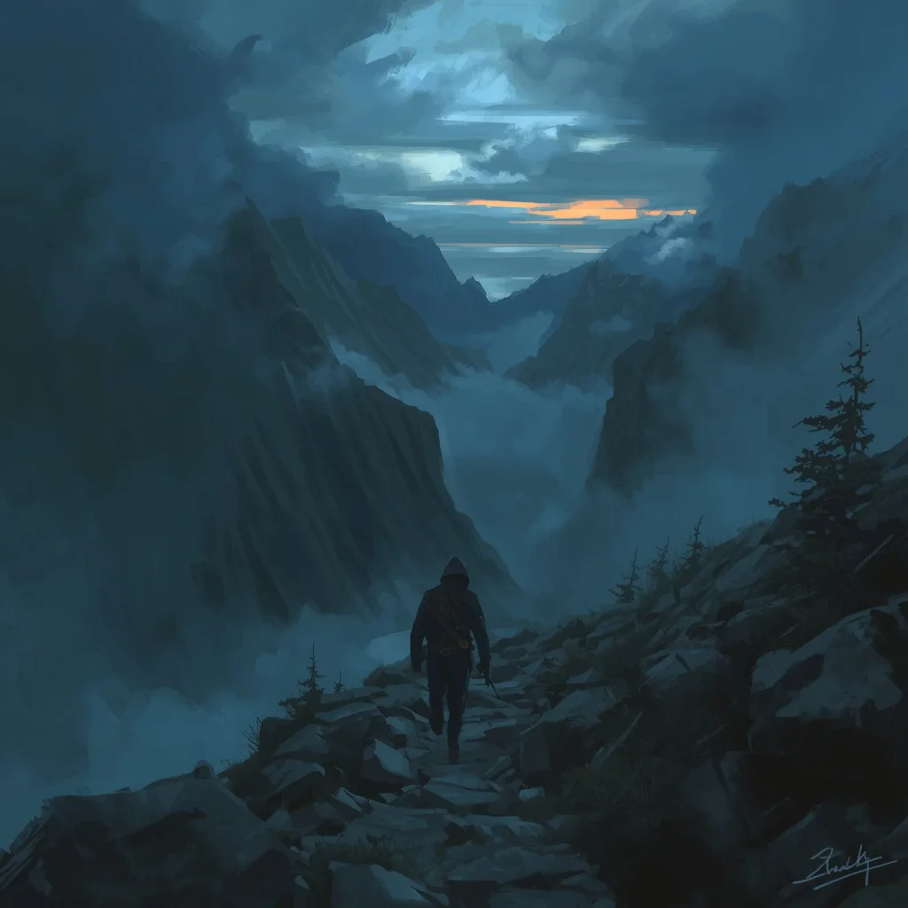 Evocative Digital Painting of a Lone Wanderer in a Misty Mountain Pass