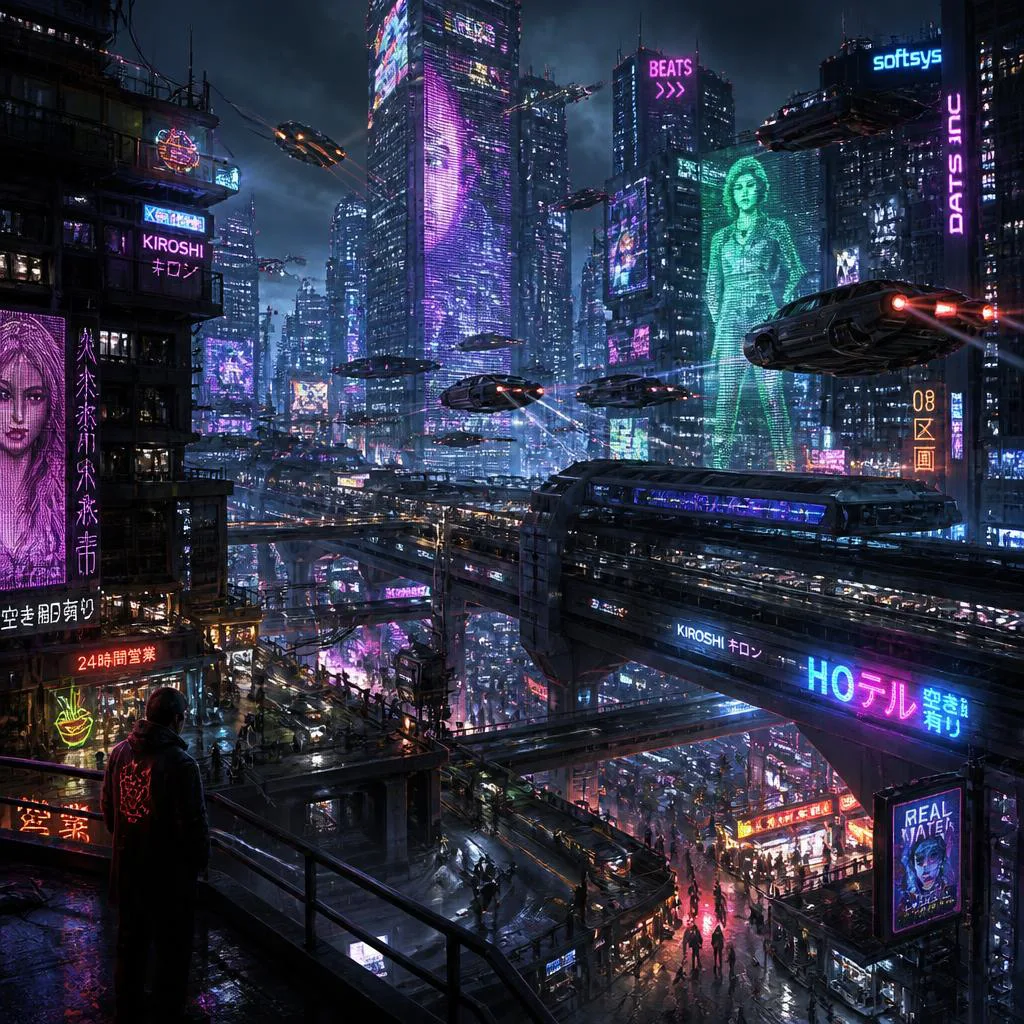 Futuristic Cyberpunk Cityscape Concept Art with Flying Vehicles