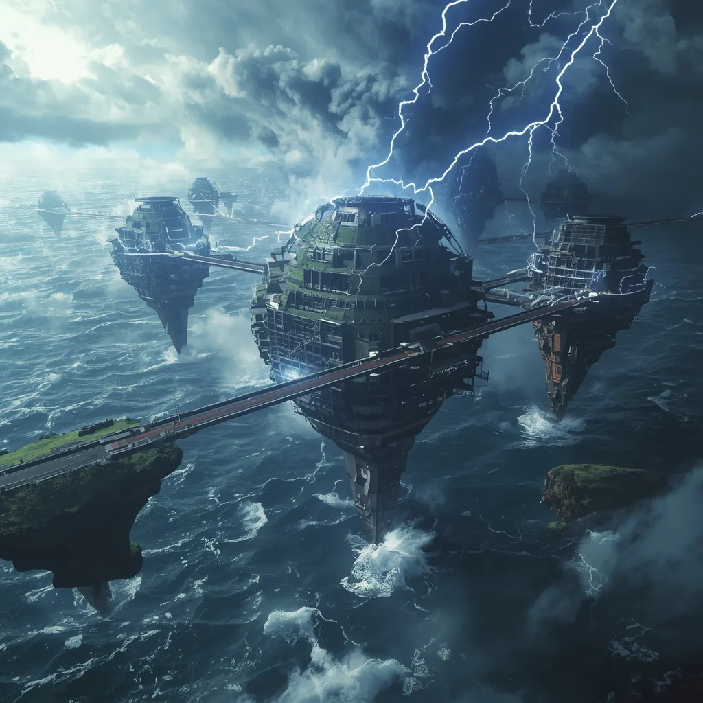Futuristic Storm Ocean Megastructure With Floating Energy Islands And Lightning Bridges