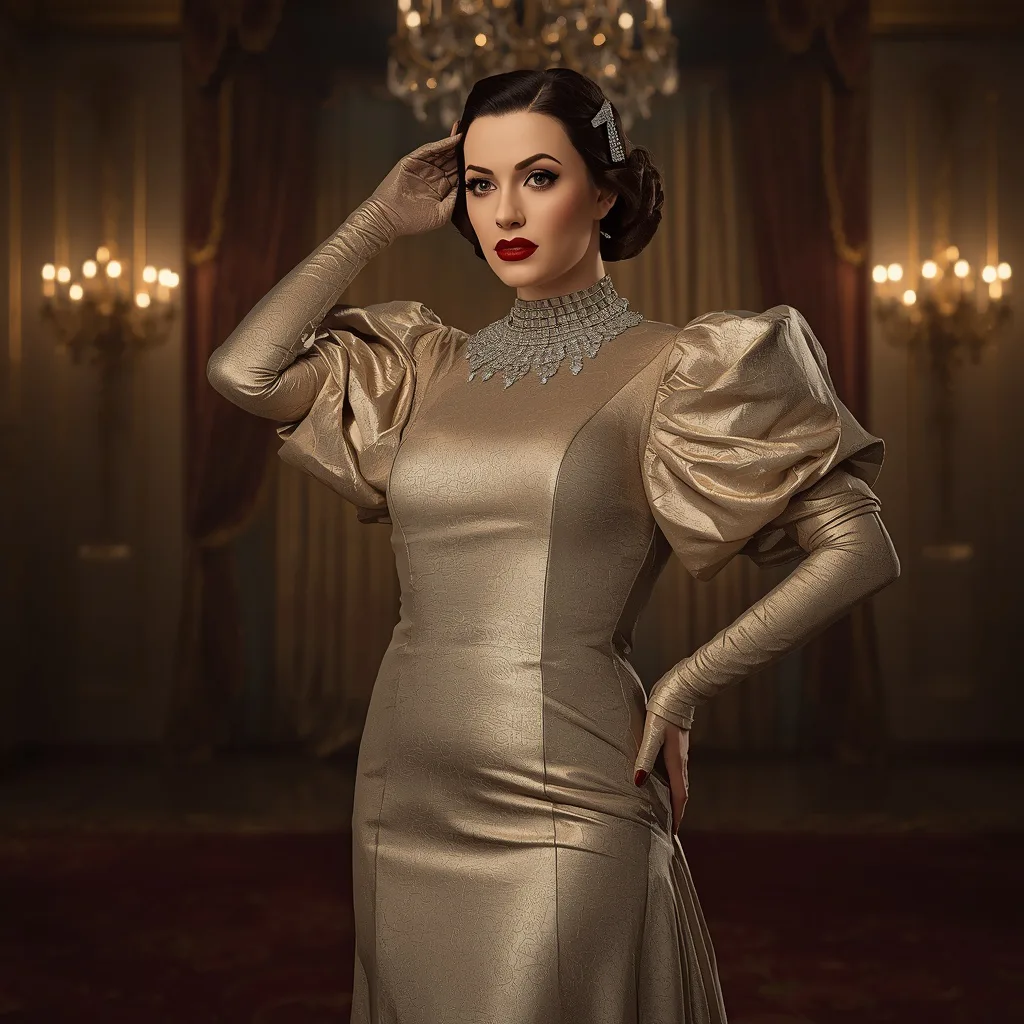 Gilded Age Glam: A Woman in a Metallic Brocade Gown with Structured Sleeves