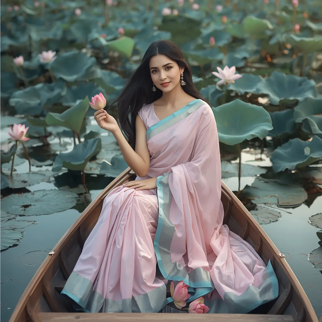 Graceful Woman in a Pink Saree on a Lotus Pond at Sunset