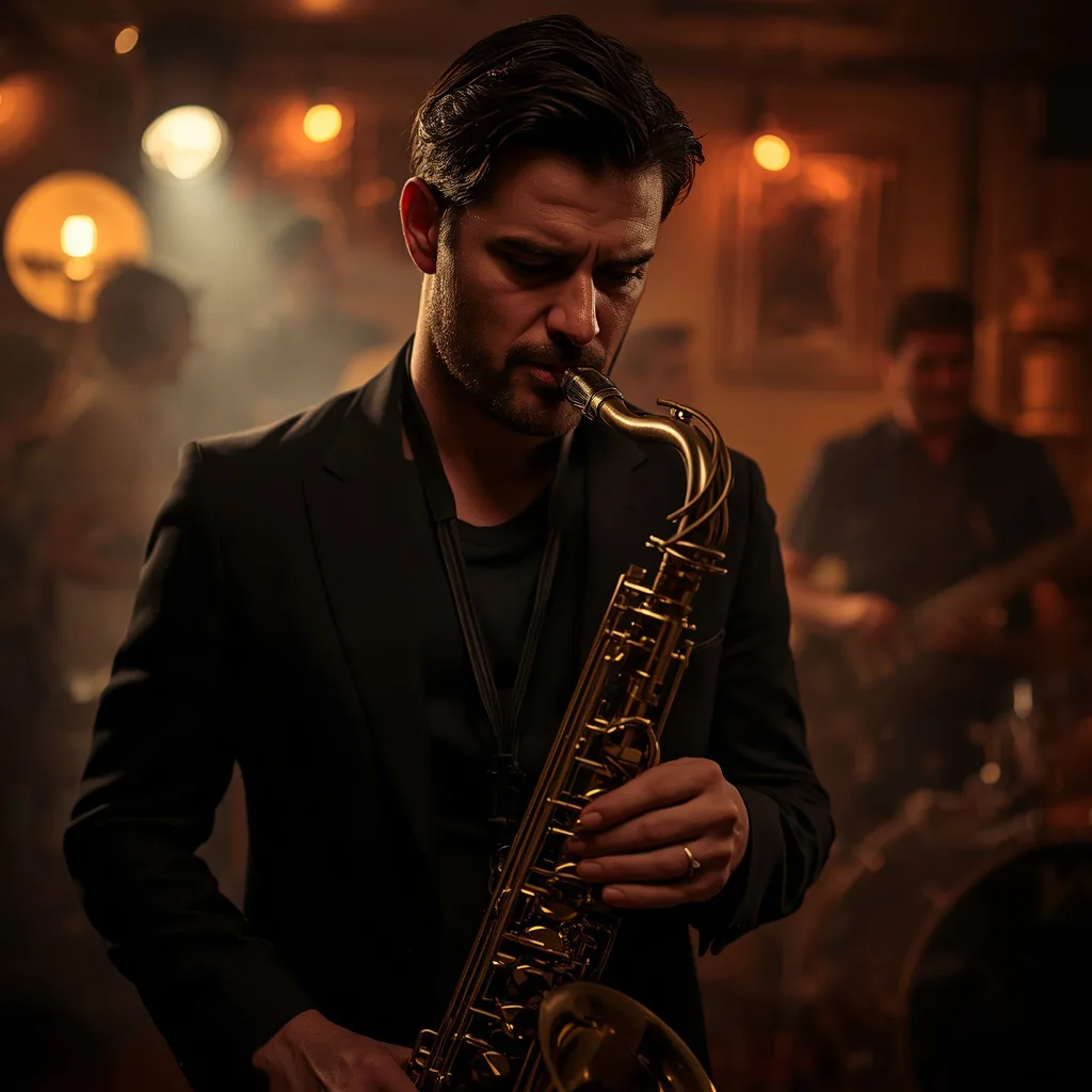 Handsome Man as a Gritty Musician in a Dark Jazz Club