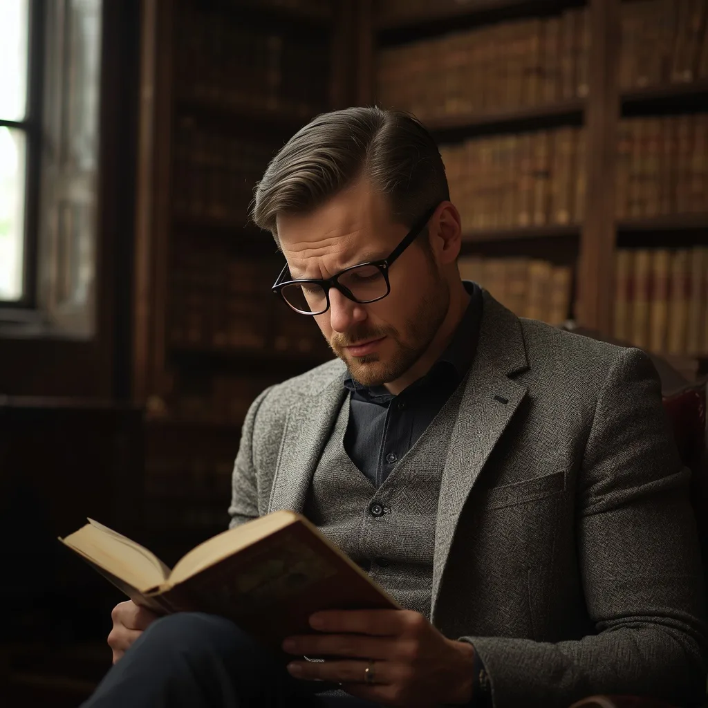 Handsome Man in a Historic Library with Leather-Bound Books