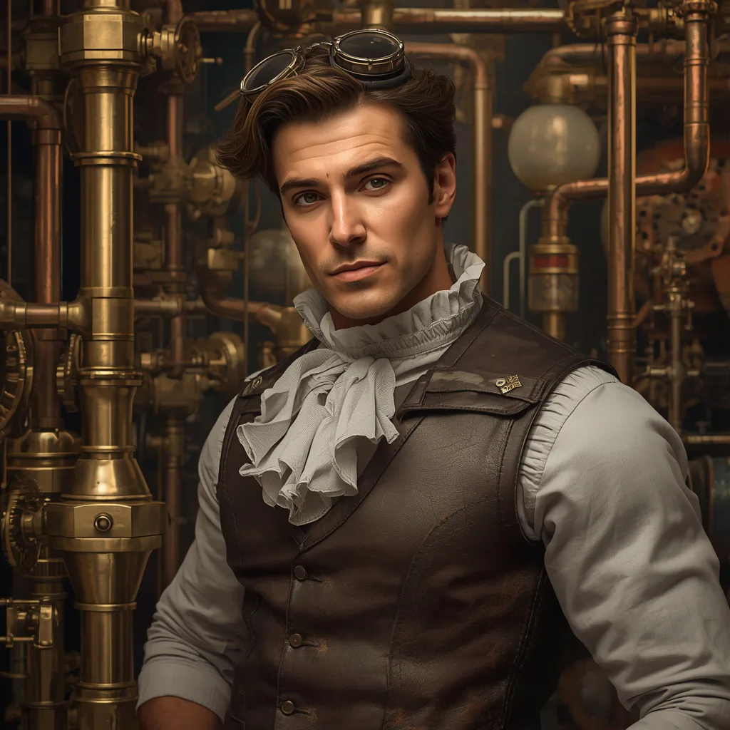 Handsome Man in a Steampunk Inventor's Workshop