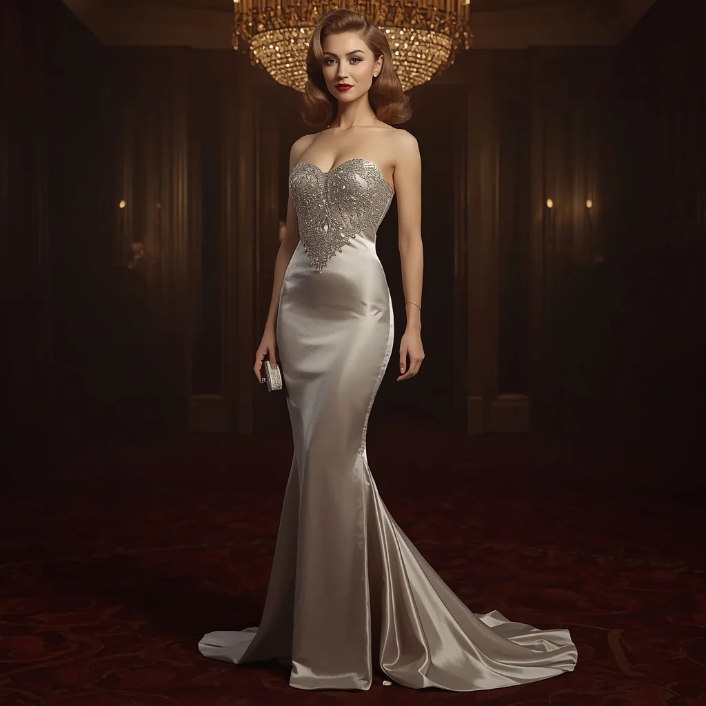 Hollywood Siren: A Woman in a Strapless Mermaid Gown with Jeweled Bodice – soft grunge aesthetic – AI generated example