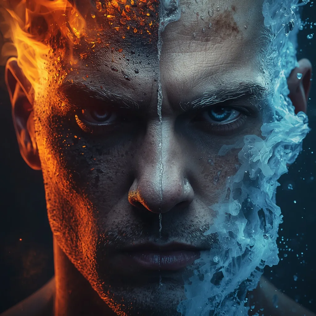 Hyperrealistic Close-Up Portrait of a Man Split Between Fire and Ice