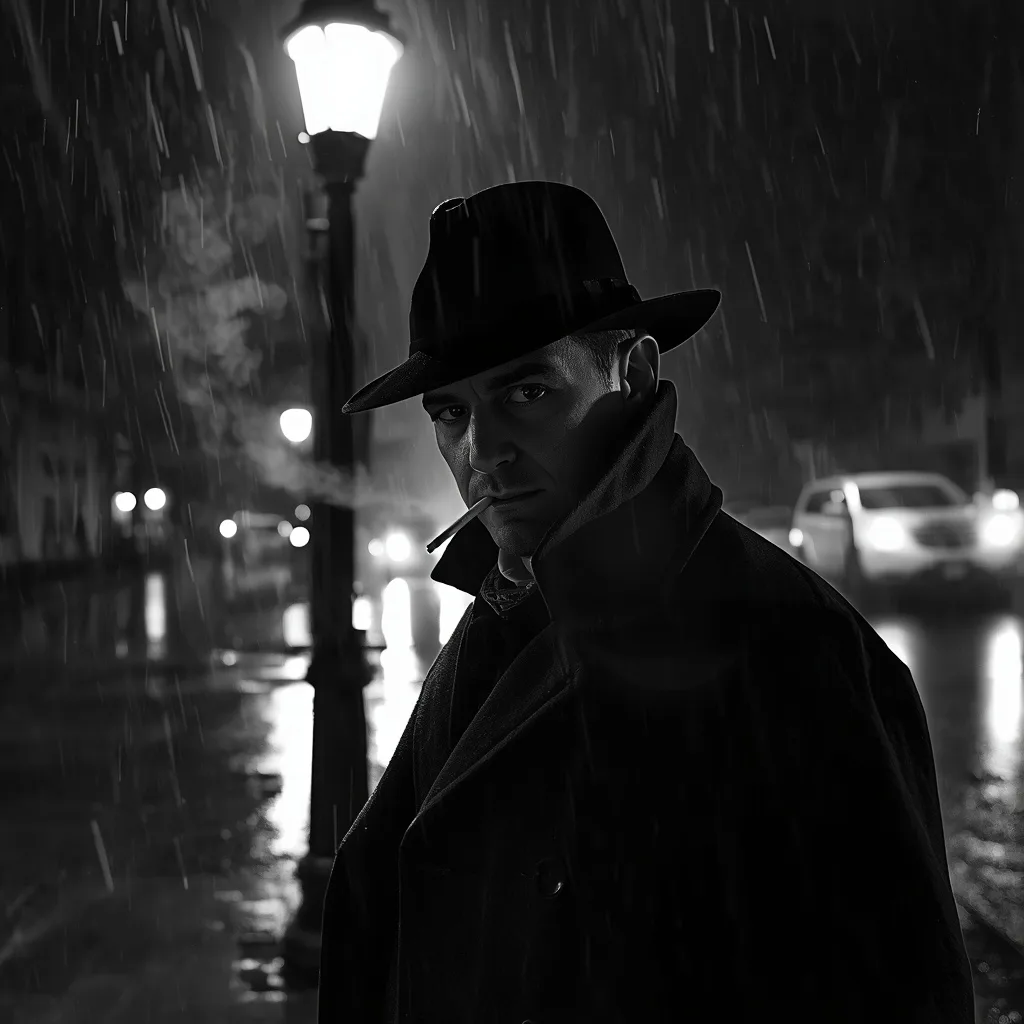 Man as a Detective in a Rain-Soaked Film Noir Street