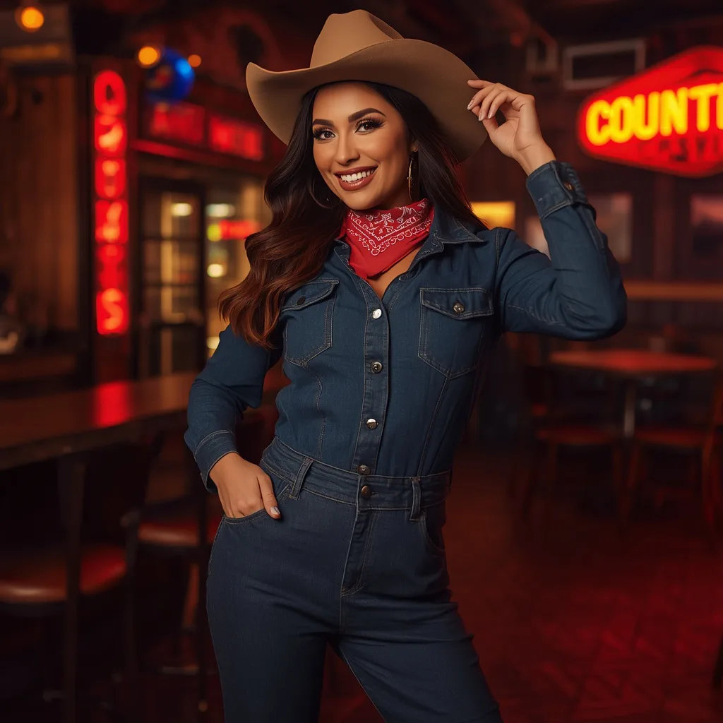 Modern Western Cowgirl: A Woman in a Denim Jumpsuit with Bandana