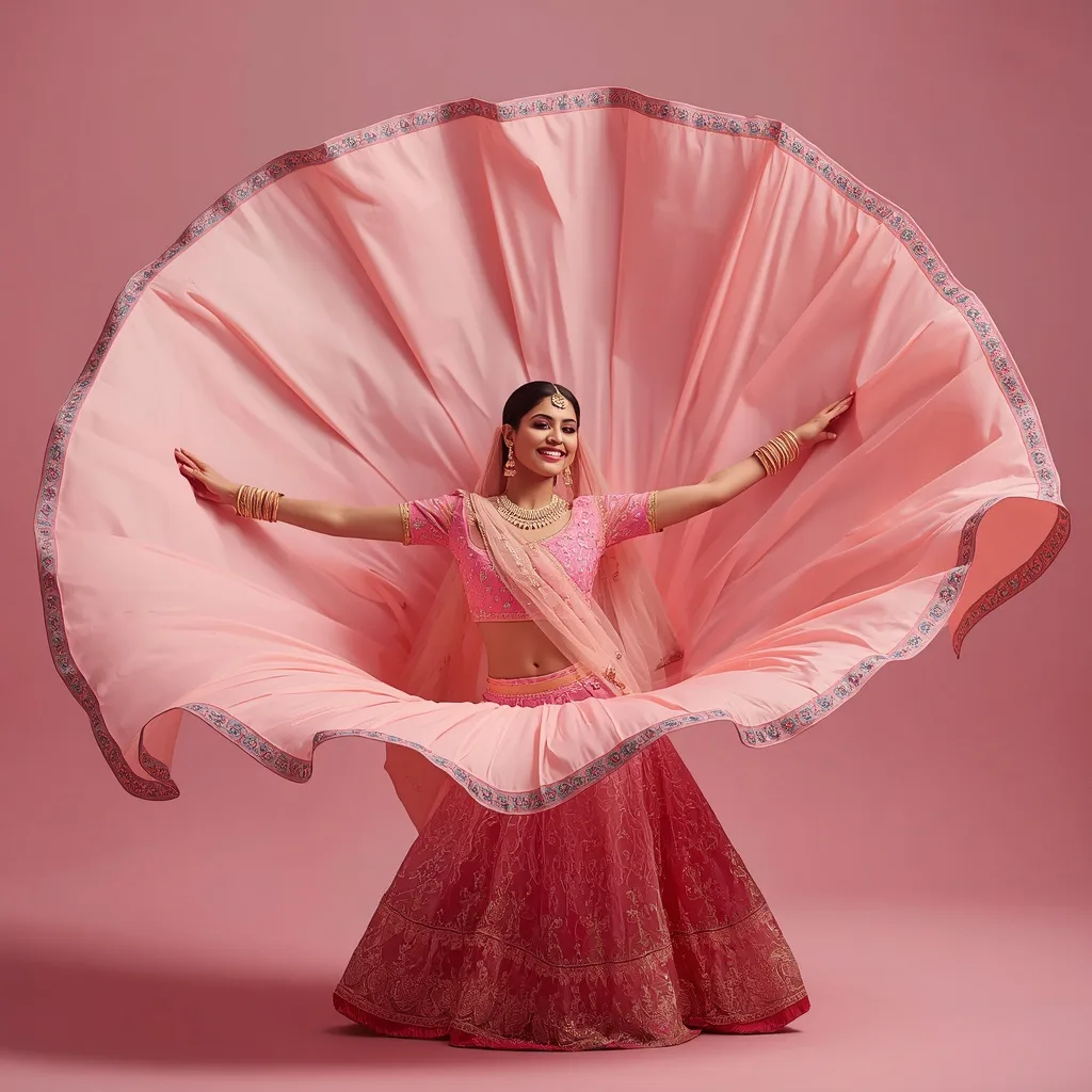 Pastel Lehenga Low Spin: Majestic Circular Fabric Bloom – stylish men's ai prompts – AI generated example
