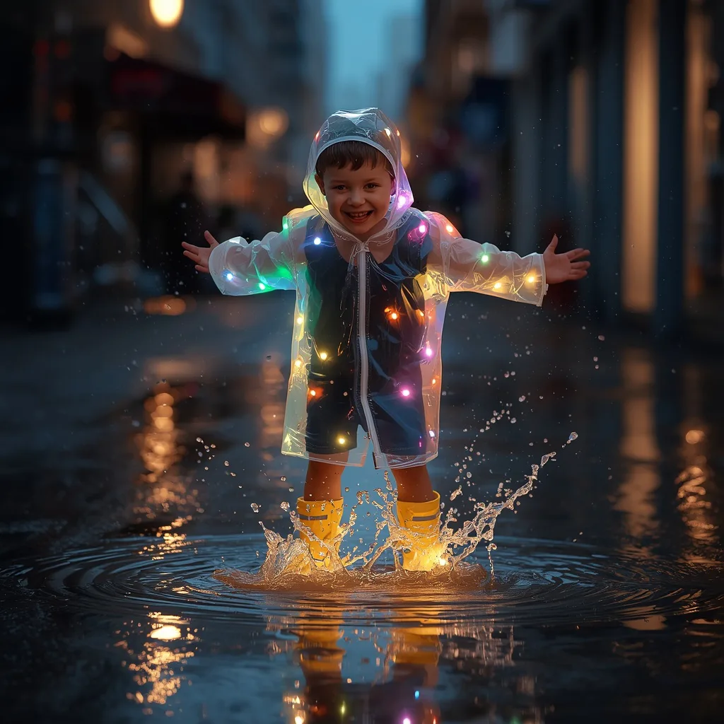 Playful Boy in Luminous Raincoat Splashing in Puddles