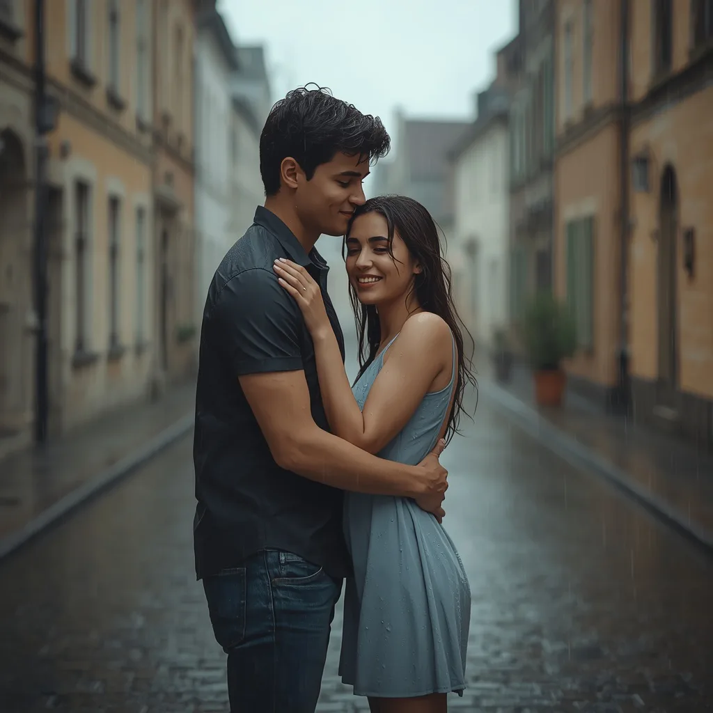 Rain-Kissed Romance: Couple's Embrace Under a Gentle Monsoon Sky