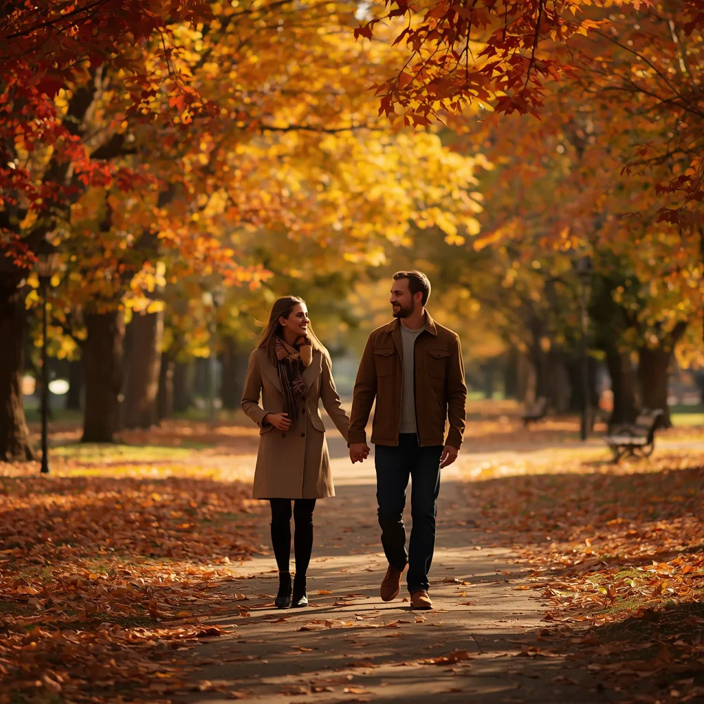 Romantic Autumn Stroll: Couple Under a Canopy of Golden Leaves – romantic couple ai prompts – AI generated example