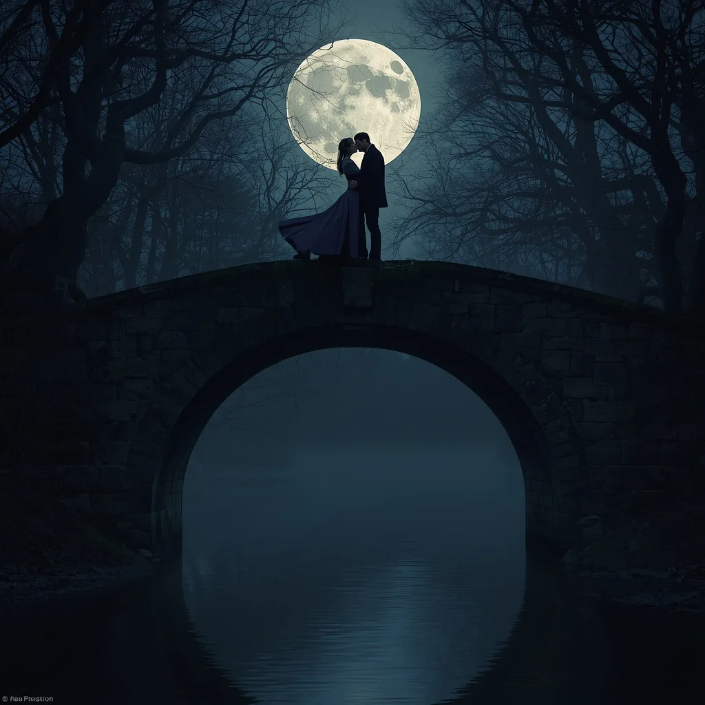 Romantic Bridge Kiss: Couple Under a Full Moon on an Old Stone Bridge – romantic couple ai prompts – AI generated example