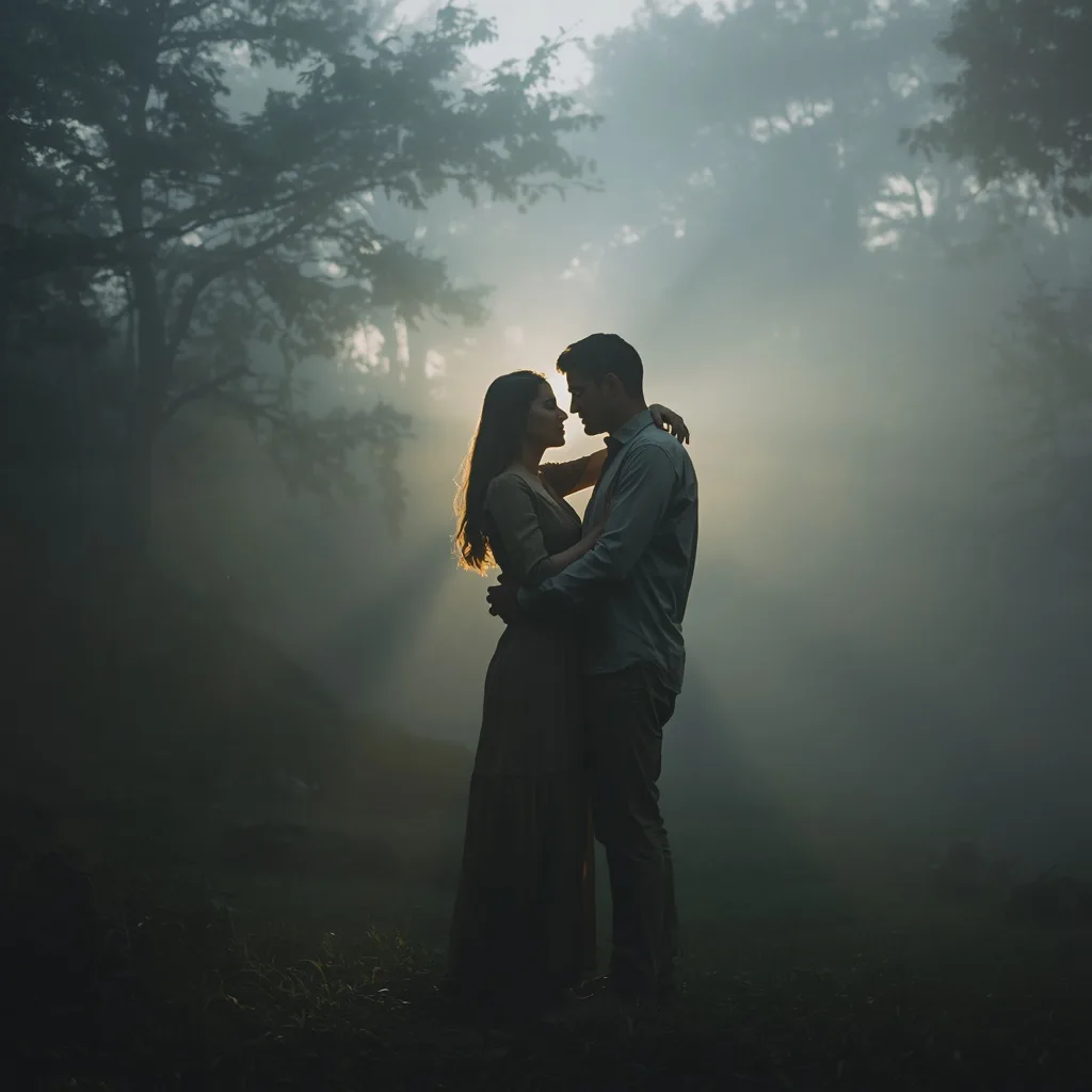 Romantic Couple Embracing in a Foggy Forest with Ethereal Backlight
