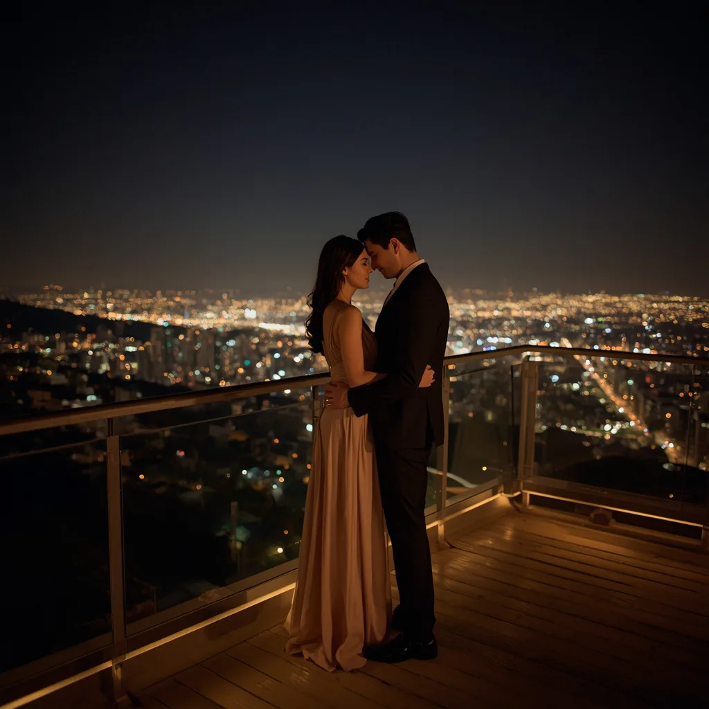 Romantic Couple on a Rooftop Overlooking a Sparkling City at Night