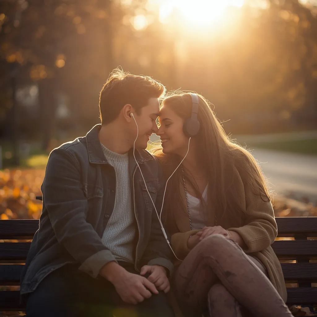 Romantic Couple Sharing Headphones on a Park Bench in Golden Sunlight