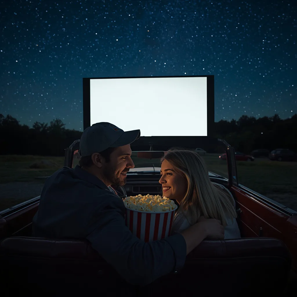 Romantic Couple Sharing Popcorn at a Drive-In Movie Under the Stars