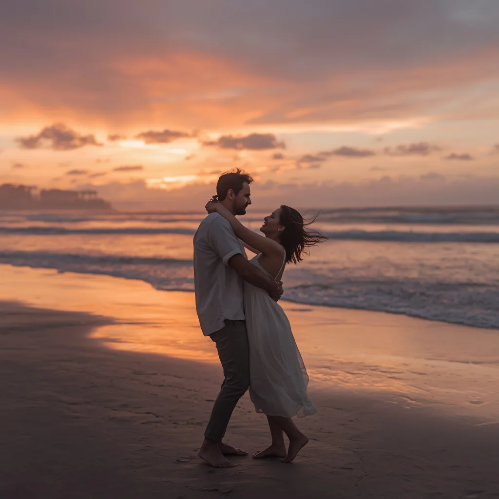 Romantic Couple Slow Dancing on a Beach at Sunset with Warm Hues