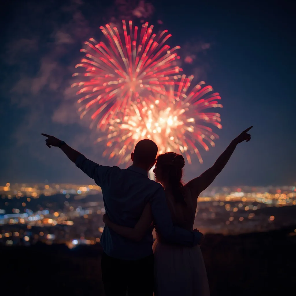 Romantic Couple Watching Fireworks from a Hilltop with Vibrant Colors