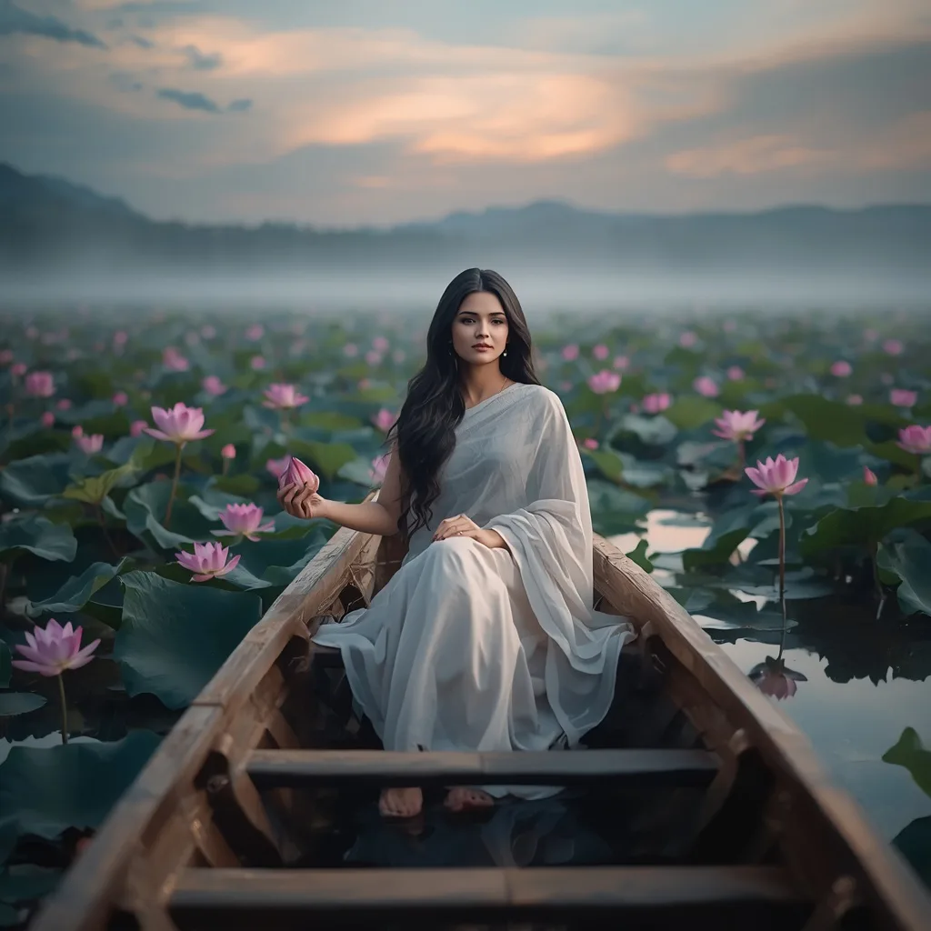 Serene Woman Gracefully Drifting in a Lotus-Filled Lake at Dawn – retro style saree prompts – AI generated example