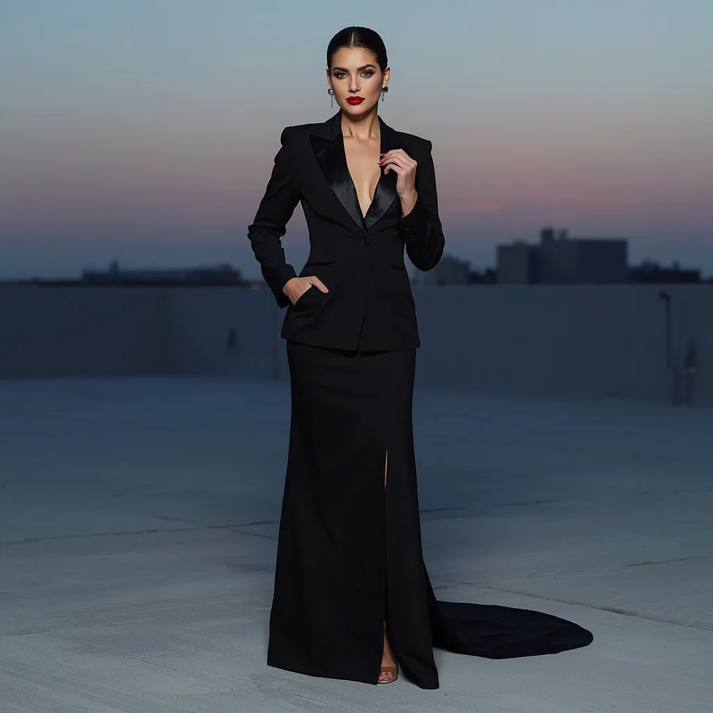 Sleek Black Tie Statement: A Woman in a Tailored Tuxedo Gown